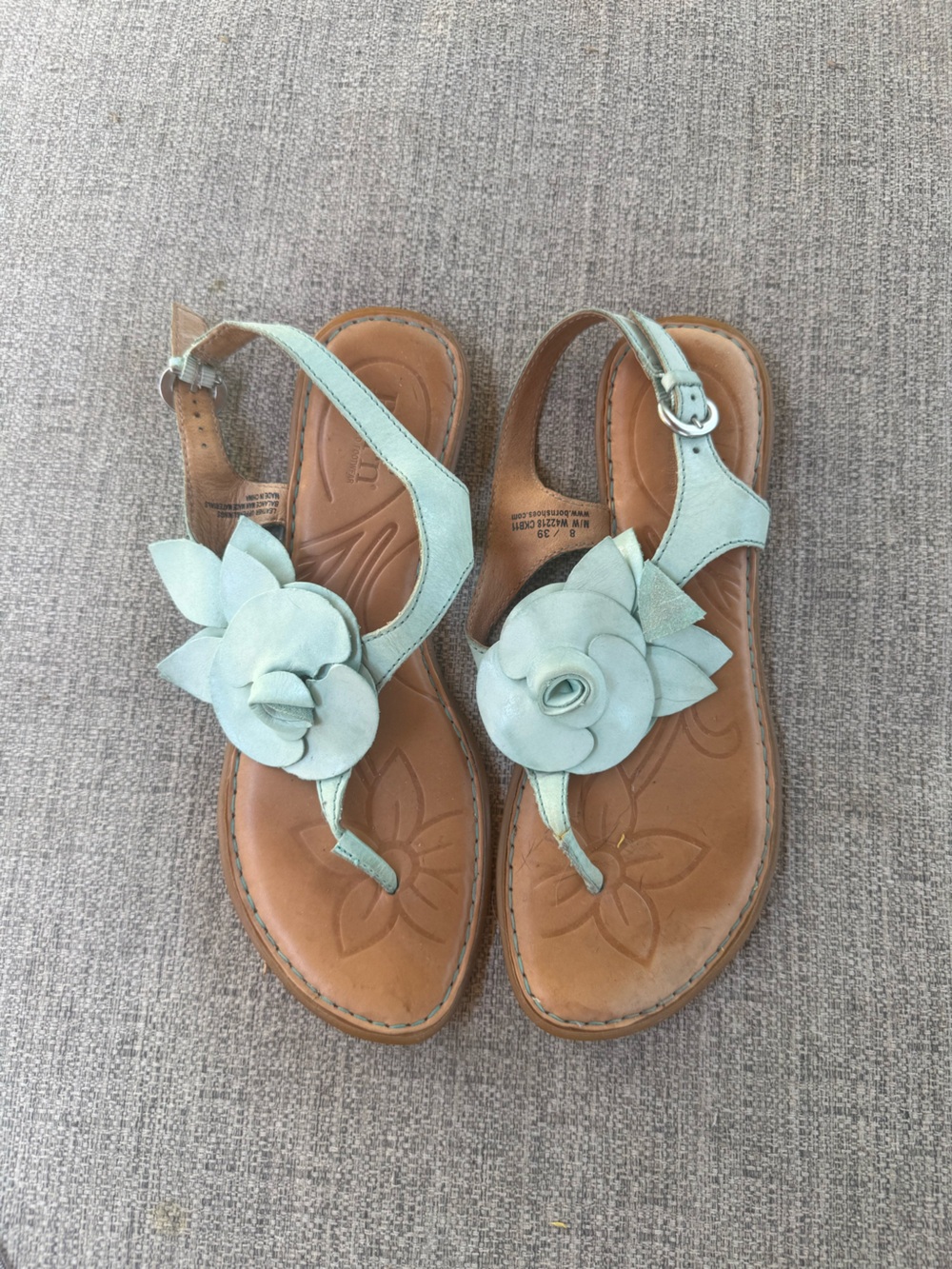 Born Mint Green Floral Leather T-Strap Sandals